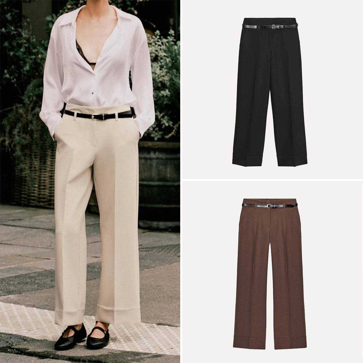 

Z Women's Faion Personali High Waist Straight Leg Pants Spring Autumn Season Ele Trousers with Belt Roll up Hem