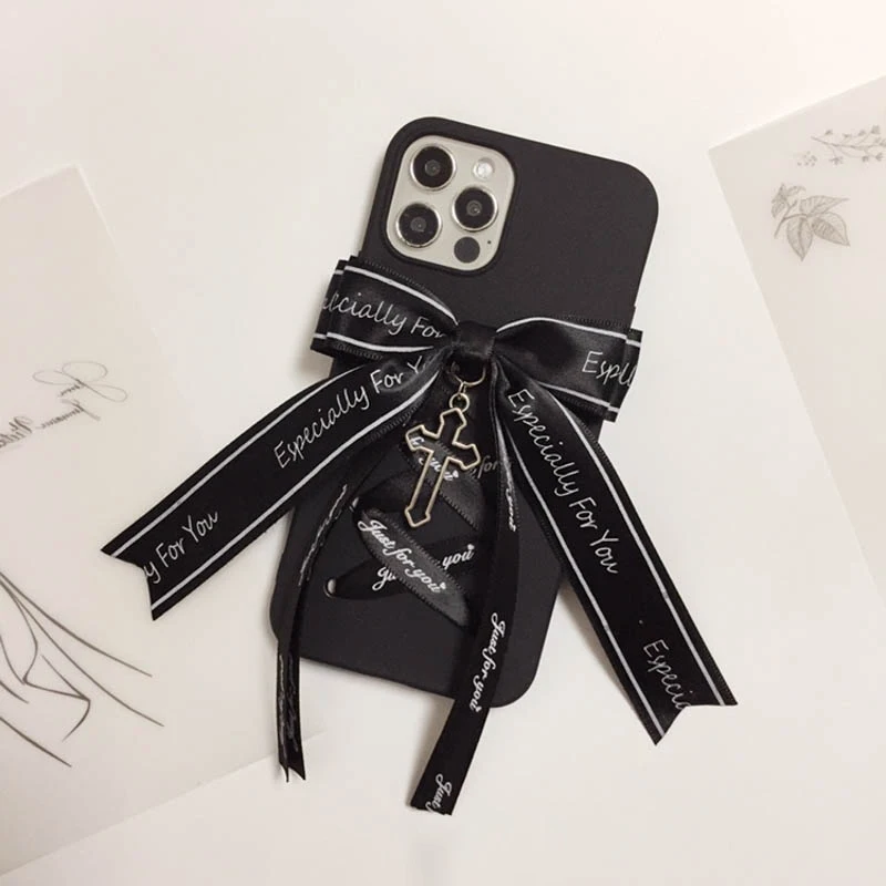 Gothic Dark Y2k Harajuku Loria Bow Phone Case Samsung iPhone 16Pro Max 13 14 15Pro X XS XR Vintage Black Soft Cover