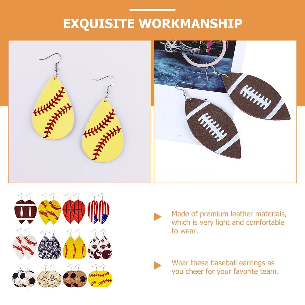 

12Pairs Premium Earrings Sporty Style Elegant Eye-Catching Colors Rugby Basketball Dangle Earrings for Women
