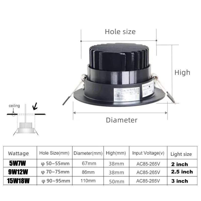 Imagem -02 - Anti-reflexo Led Downlights Regulável Ac220v 110v Recesso Led Luz de Teto Alumínio Cob Ceil Light Spot Lâmpada