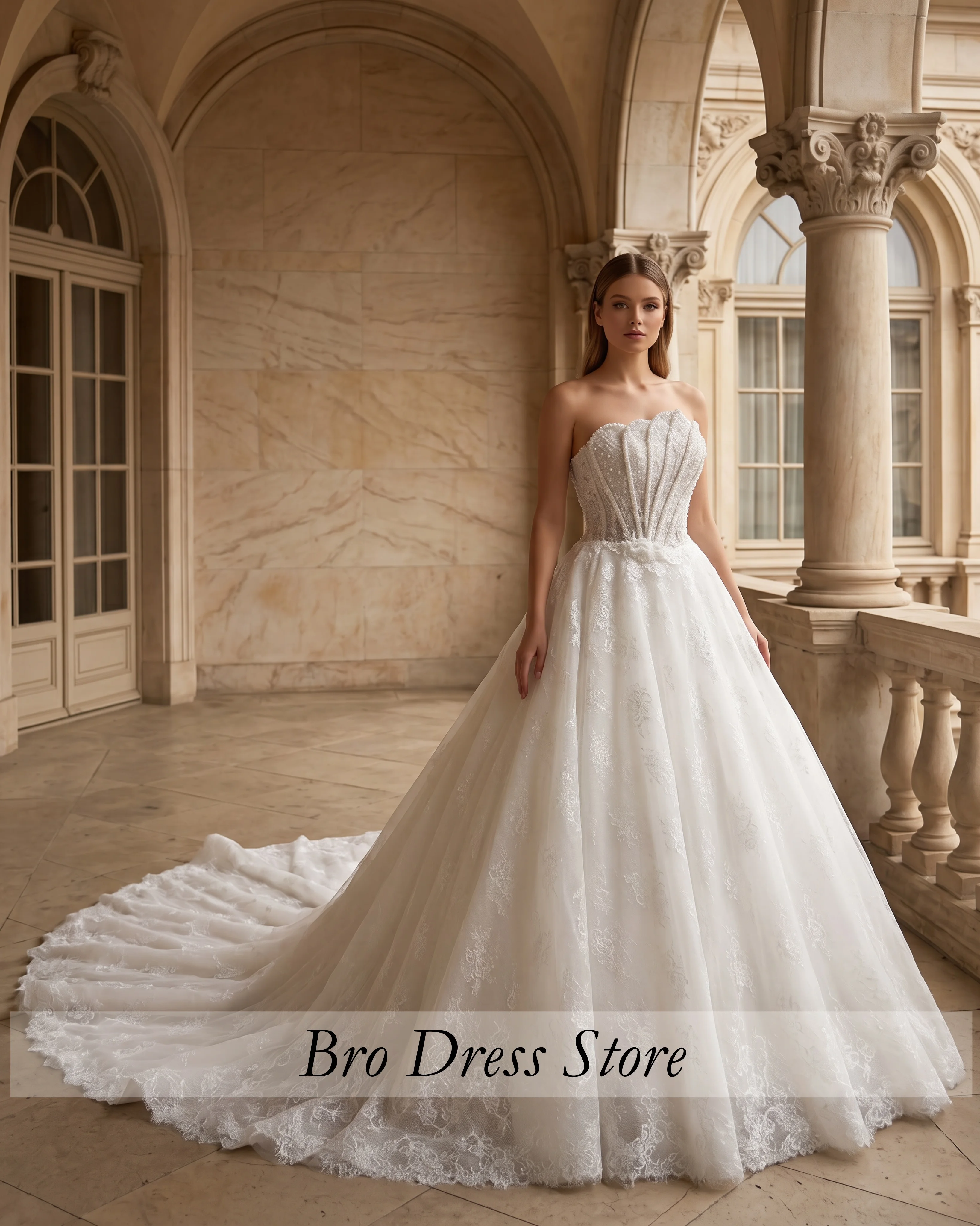 CustomizedLuxury Princess Wedding Dress Strapless Beaded Corset Floral Lace A Line Bridal Gown Vestido de Novia Vestido De Noiva