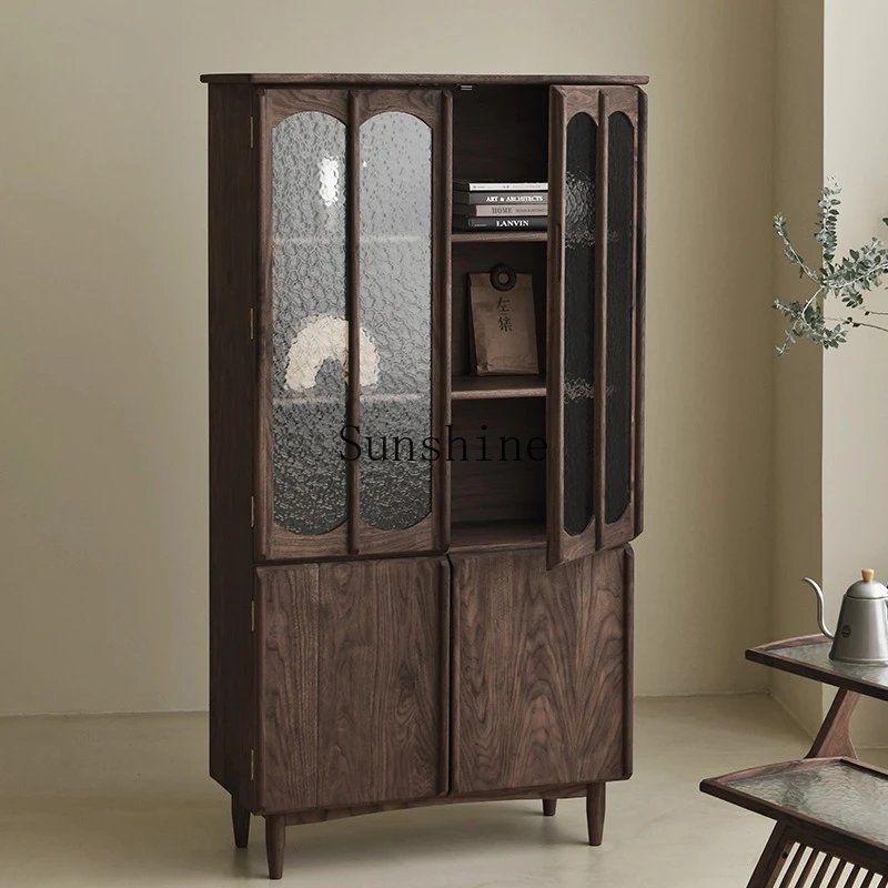 

Nordic solid wood floor-to-ceiling bookshelf light luxury simple black walnut glass door bookcase