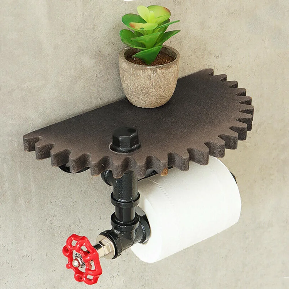 Rustic Industrial Mounted Shelf with Wooden Roller Compatible with Toilet Holder and Towel Bar Functions Rustic
