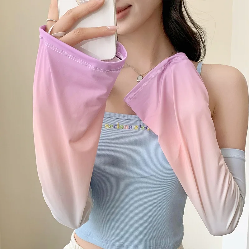 Set lengan pelindung matahari pendukung warna gradien lengan es, lengan terompet sutra es wanita, perlindungan UV luar ruangan, lengan musim panas