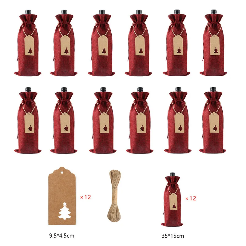 12Pcs Linen Drawstring Wine Bottle Covers With Tags and Linen Rope Dustproof Red Wine Packaging Bag Xmas Christmas Party Decor