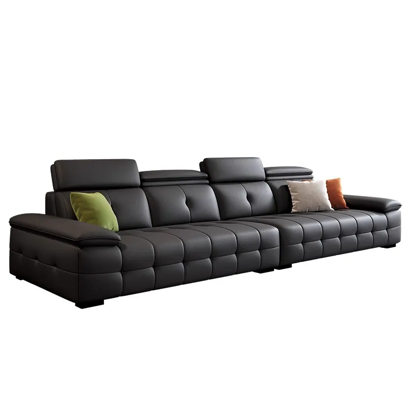 

Italian minimalist Lawrence leather sofa light luxury large and small apartment living room black straight sofa