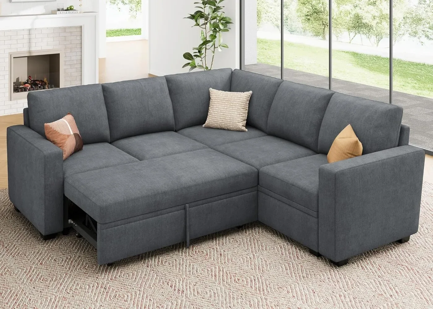 Modular Sectional Sleeper Sofa with Pull Out Bed, Chenille L Shaped Couch with Storage Seats, Convertible Sectional Couches