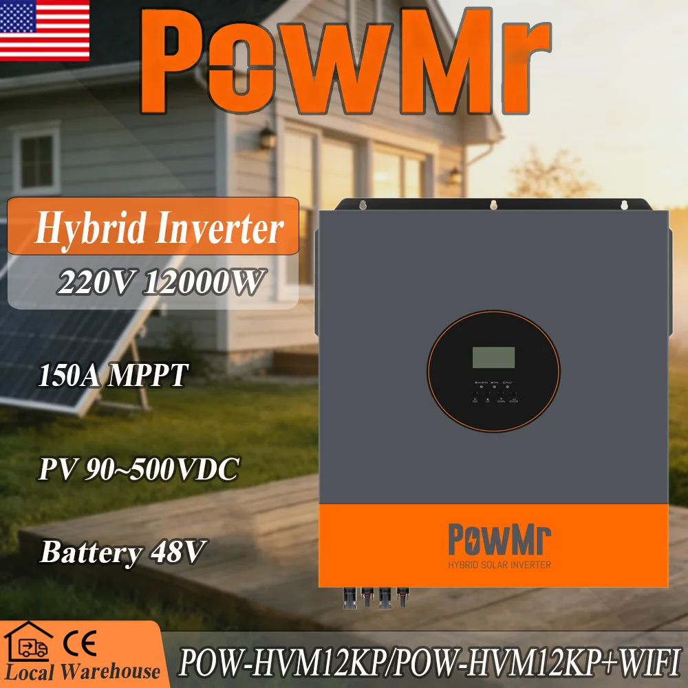 PowMr 12kW Hybrid Solar Inverter 48V Pure Sine Wave Dual MPPT 150A Charger Max 500V PV Input Up to 9Units in Parallel Built in BMS Compatible with LCD Display for Home