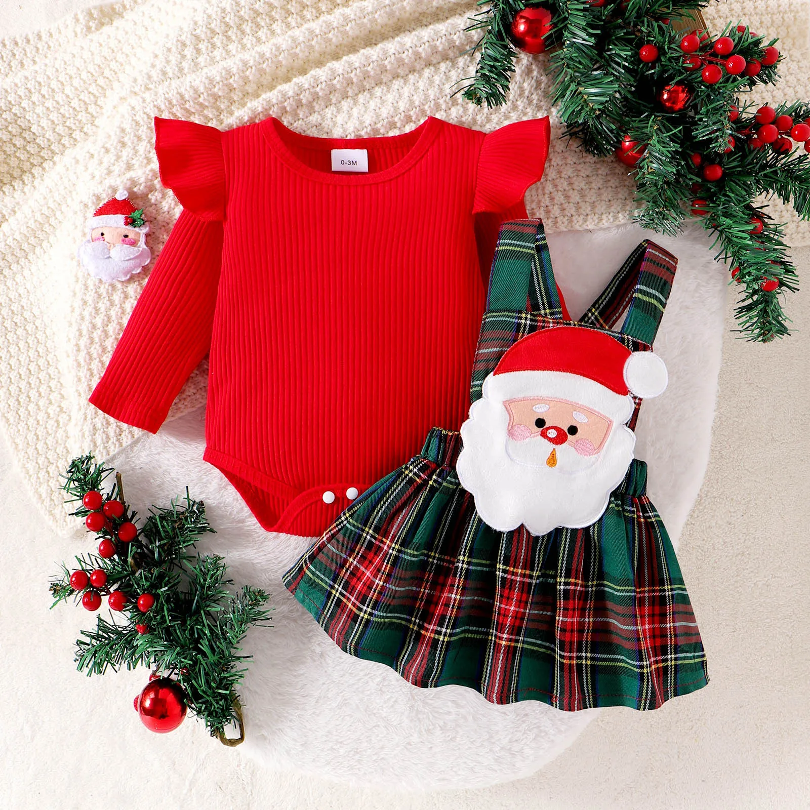 Winter Christmas Newborn Baby Girls Rompers Deer Embroidery Plaid Print Long Sleeve Crew Neck Ruffles Jumpsuits Xmas Gift Outfis