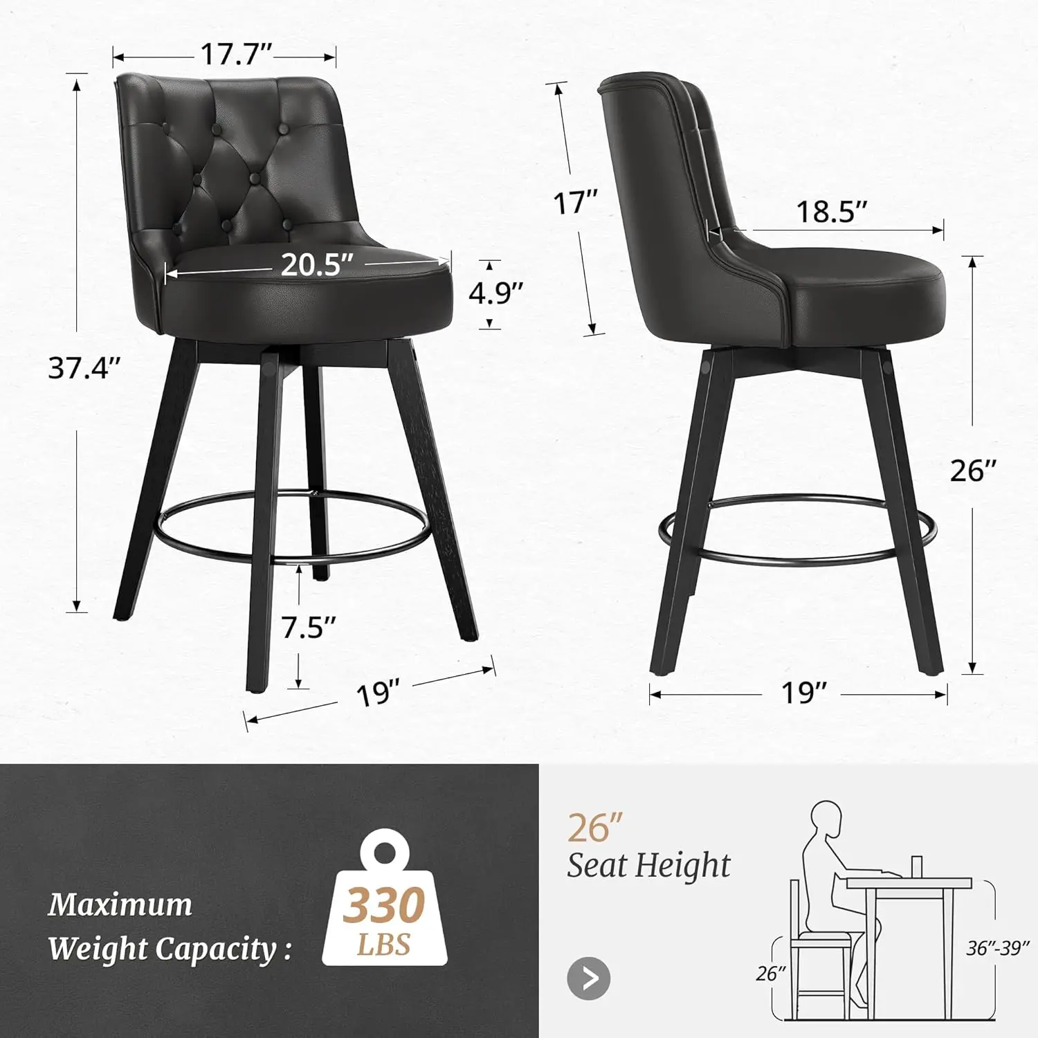Counter Height Bar Stools, 26" H Modern Counter Stools, Solid Wood Legs, Linen Fabric Upholstered Barstools for Kitchen Island