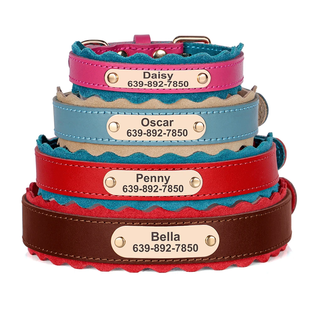 Custom Dog Collar Personalized Leather Pet ID Collars Soft Padded Dog Necklace Collars Adjustable for Small Medium Dogs Bulldog