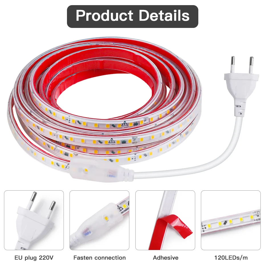 10m 30m 50m Self-Adhesive Led Strip Light AC220V 120LEDs/m Flexible Tape IP67 Waterproof Super Bright LED Light with EU Plug