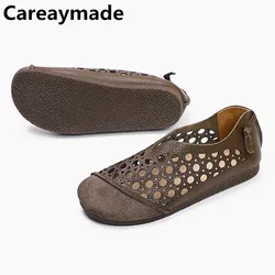 Careaymade-Summer new Original Vintage pure Handmade genuine Leather leisure Shoes,hollowing out flat single shoes,3 colors