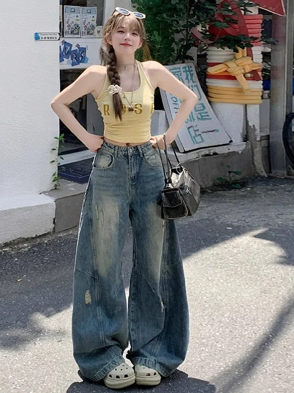 

Женские джинсы в стиле ретро, американского кроя, большого размера, с эффектом грязевого окрашивания, с изогнутым кроем, свободные, прямые, широкие, в пол, повседневные, с высокой талией