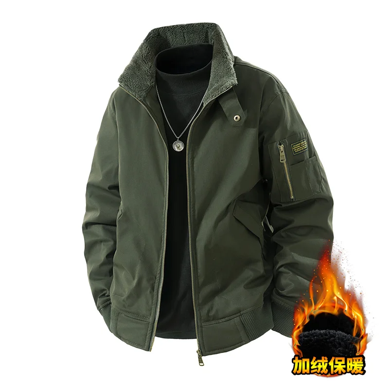 

Autumn Winter Fashion Wear Resistant Velvet Flight Jacket for Men's Outdoor Warmth and Leisure Multi Pocket Work Clothes Jacket