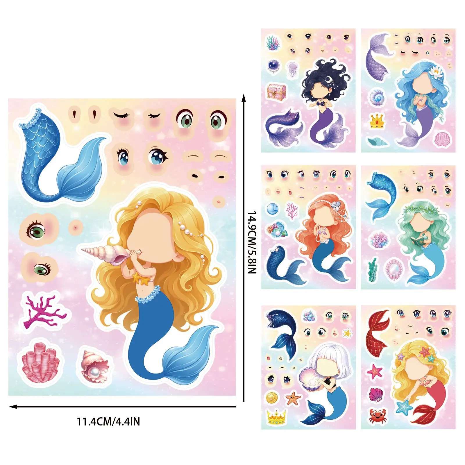 8Sheets Mermaid Make A Face Stickers Cartoon Mermaid Princess Mix and Match Face Sticker Educational Birthday Party Supplies