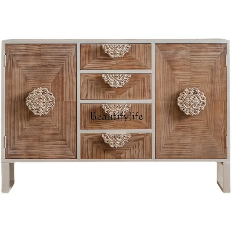 

American rural retro solid wood old carving dining side entrance bedroom storage cabinet