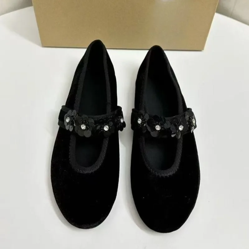 Black Velvet Women Ballet Flats Unique Sequin Flower Decoration Comfort Round Toe Soft Sole Light Ladies Mary Jane Shoes