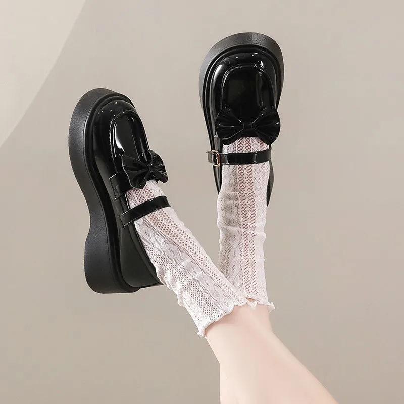 

Женская обувь, туфли Джейн с пряжкой, однотонные лоферы с круглым носком, туфли-лодочки, модная униформа JK, кожаная обувь на платформе с узлом-бабочкой