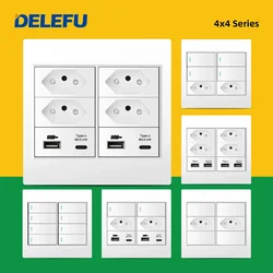 DELEFU 4x4 Fireproof PC Panel Brazil Standard Outlet Double USB Type C Wall Power Socket Light Switch Office White 10A 20A