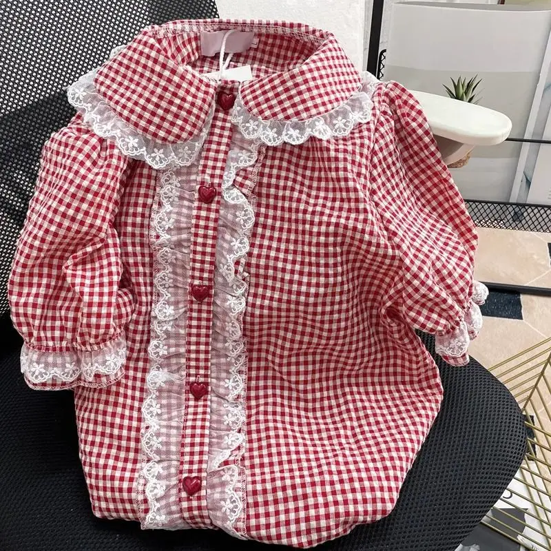 

Deeptown милые клетчатые женские рубашки в стиле Лолита Kawaii, кружевные блузки с короткими рукавами и оборками, Cutecore, японская мода, свободный топ Babydoll