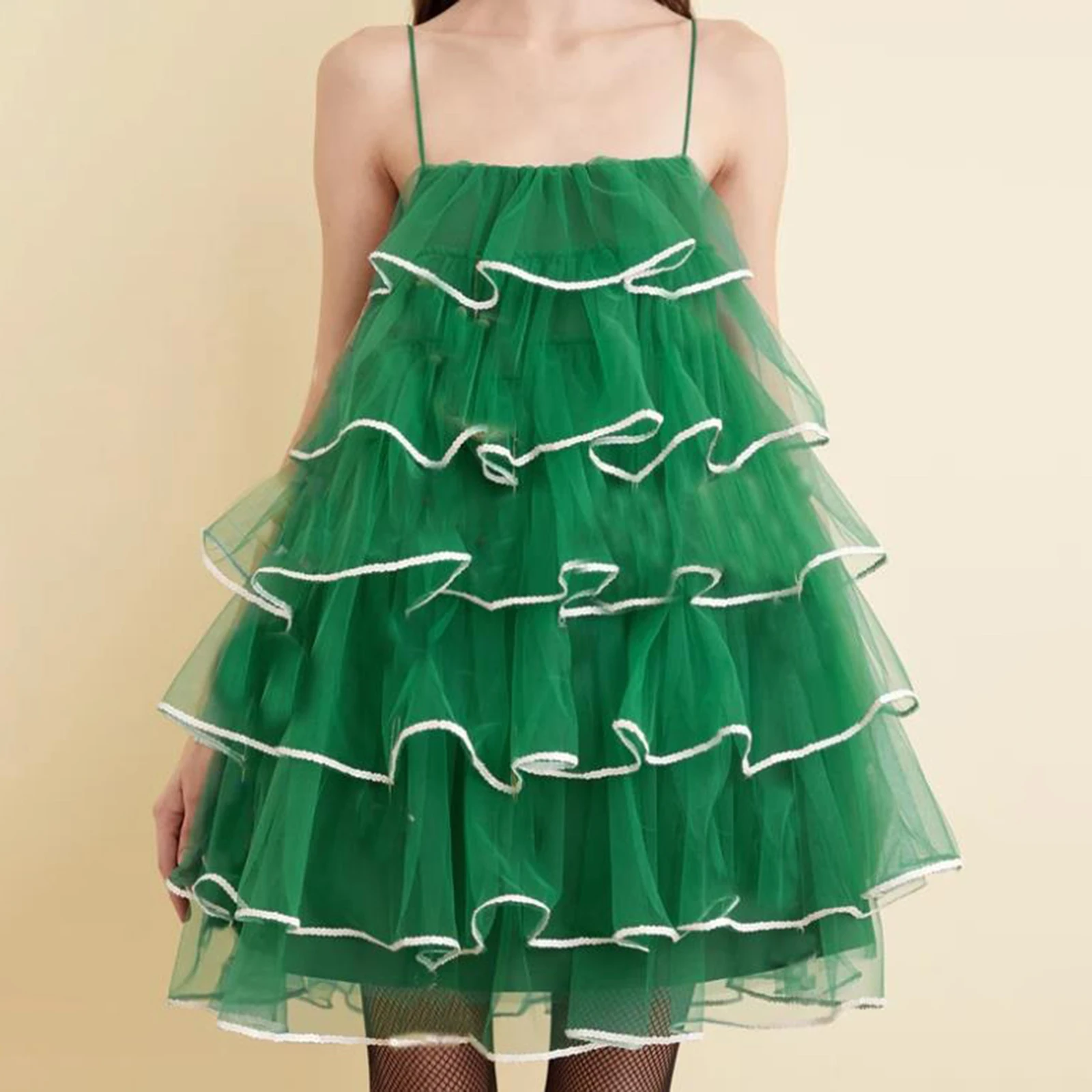 الطبقات تكدرت شبكة التباين اللون تقليم أكمام ألف خط فساتين قصيرة عيد الميلاد المرأة السباغيتي حزام كامي اللباس #4