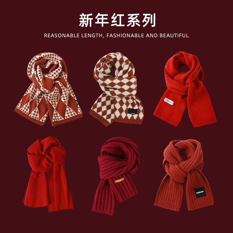 

Red Christmas Knitted Scarf Women's Winter Korean Versatile Checkered New Year's Woolen Neck Thickened for Warmth