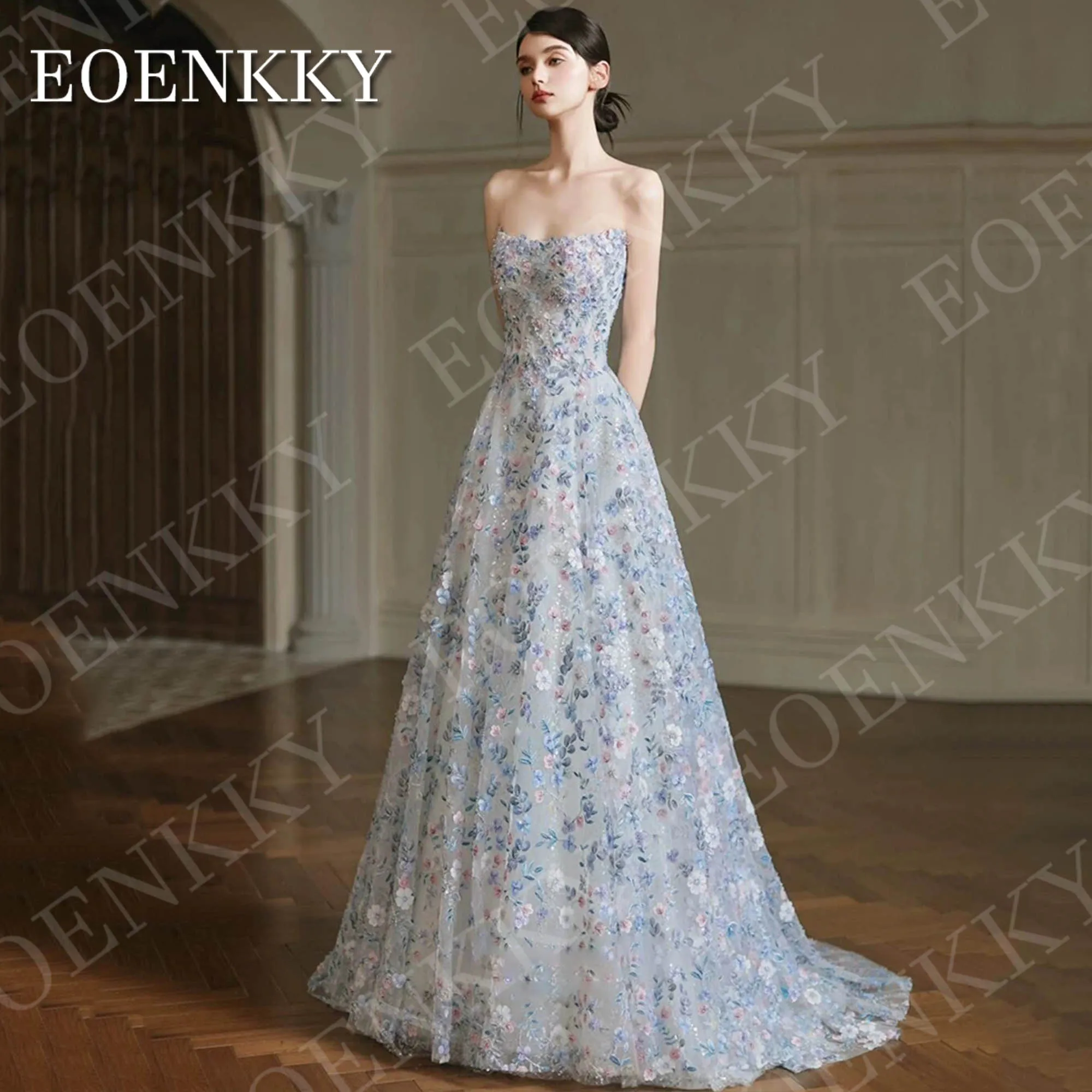 فستان EOENKKY بدون حمالات للحفلات الراقصة منقوش عليه زهور فاخر أنيق بدون أكتاف على شكل حرف A من التل للحفلات المسائية مخصص فساتين حفلة موسيقية Strapless الزهور فستان حفل الرقص فاخرة أنيقة قبالة الكتف خط Tulle فستان حفل #4