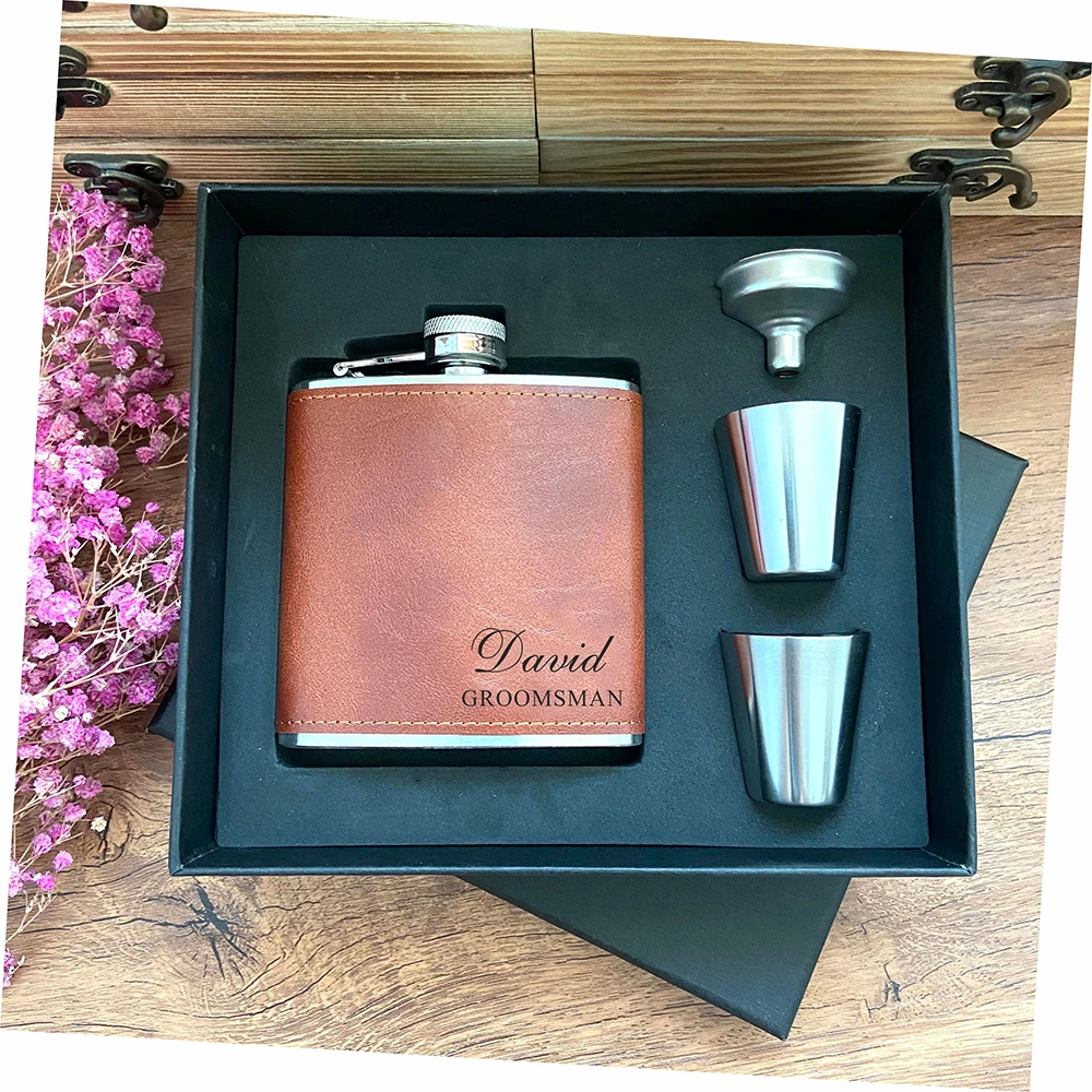 

Personalized Flask 6oz Leather Hip Flask Engrave Stainless Steel Flask Best Man Groom Gift Wedding Favors Customized Logo