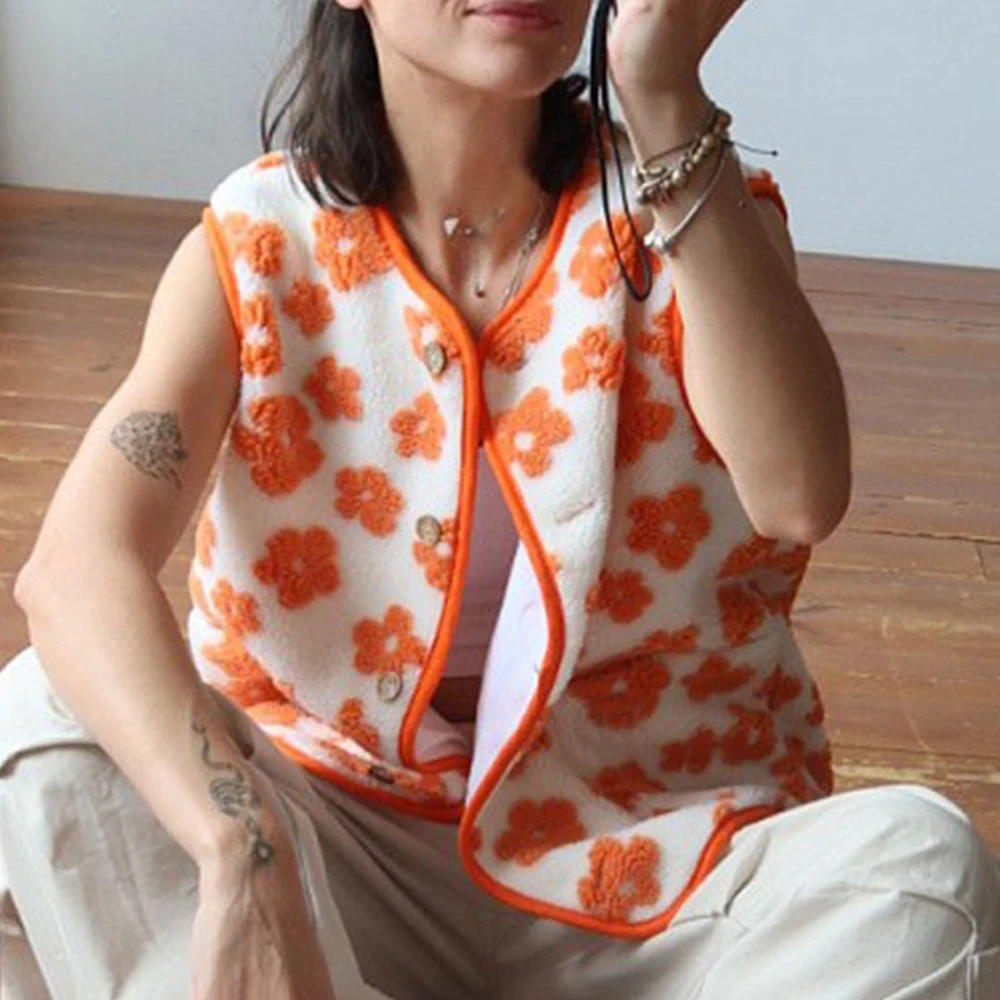 

Ticketsx Print Imitation Lamb Wool Vest Loose Floral Single Breast Pocket Coat Women Autumn Winter Casual Office Vacation Vest