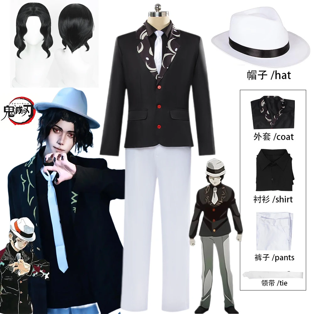 

Anime Kibutsuji Muzan Cosplay Costume Demon Master Wig Black Uniform Suit White Hat Full Set Ghost King Halloween Men Women COS