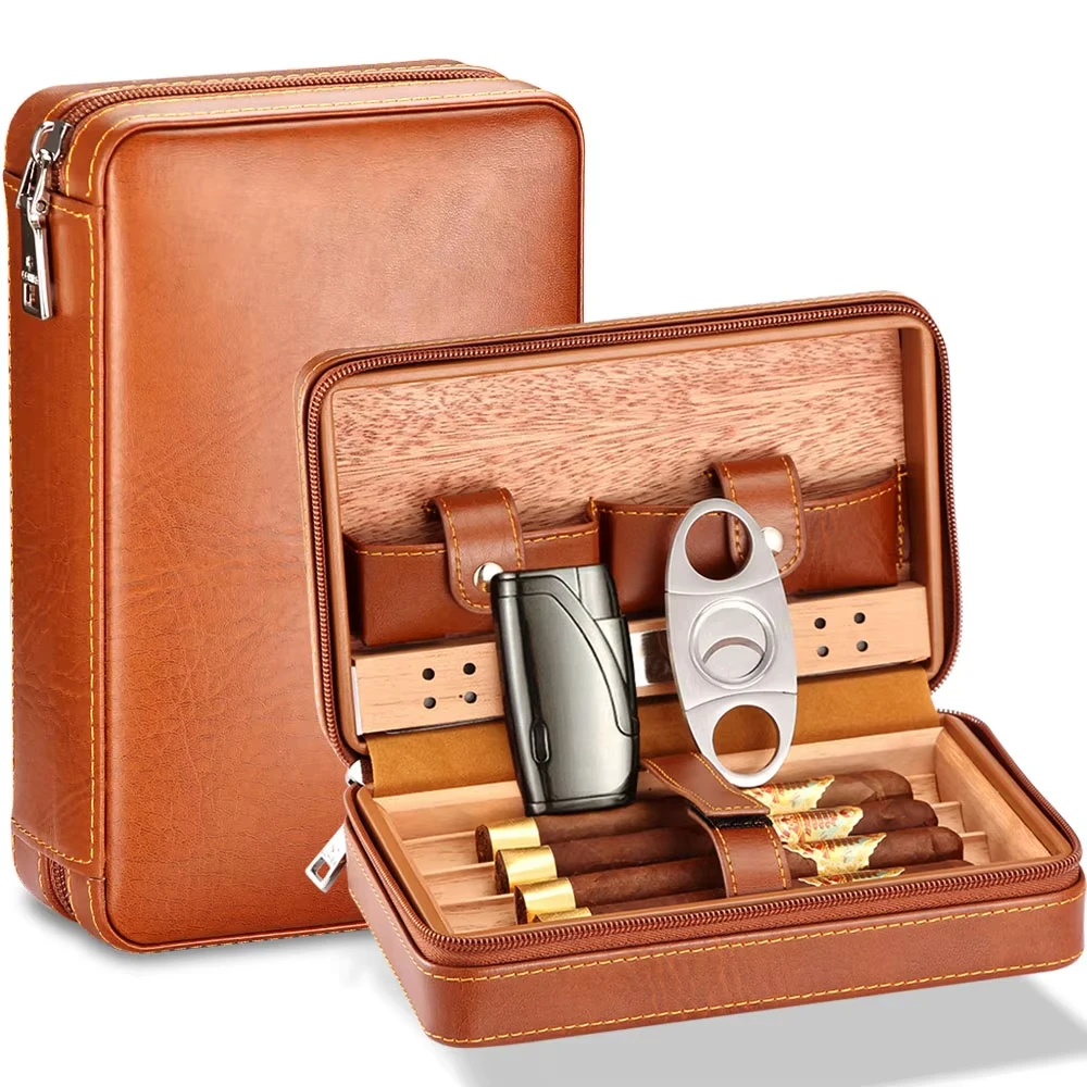 GALINER Portable Leather Travel Cigar Case Cedar Wood Linied Humidor With Torch Jet Flame Cigar Lighters Cutter Humidifier Set