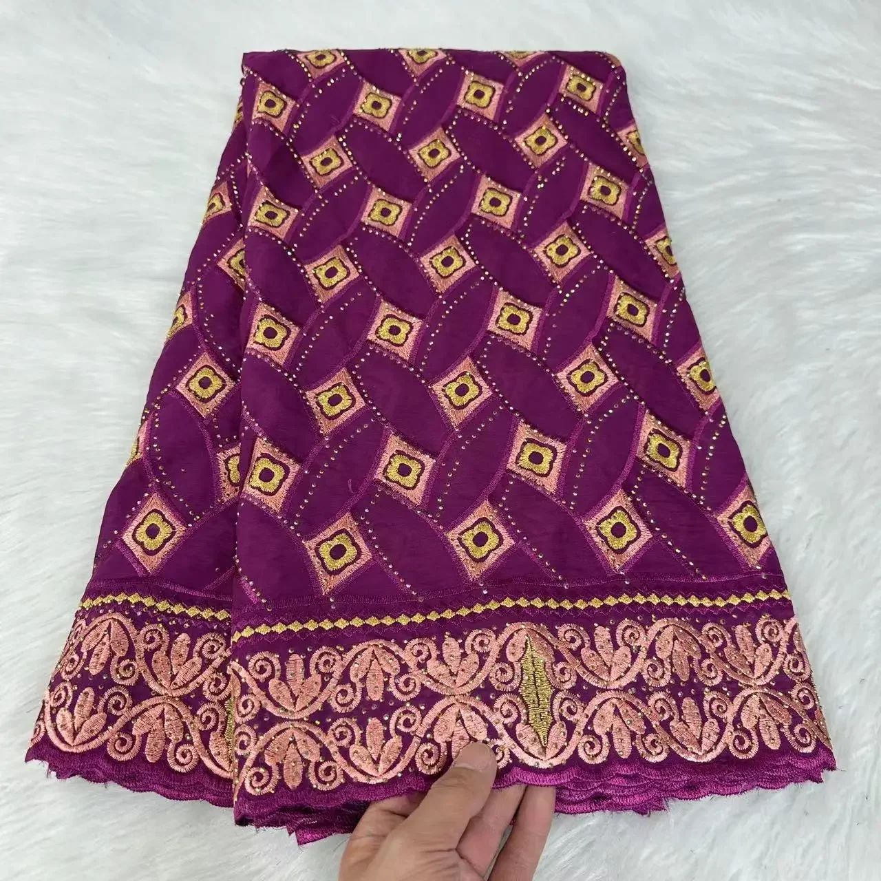 

Purple Latest African Cotton Nigeria Swiss Cotton Embroidered Fabric Geometric Pattern Design Sewing Elegant Evening Dress 5yard