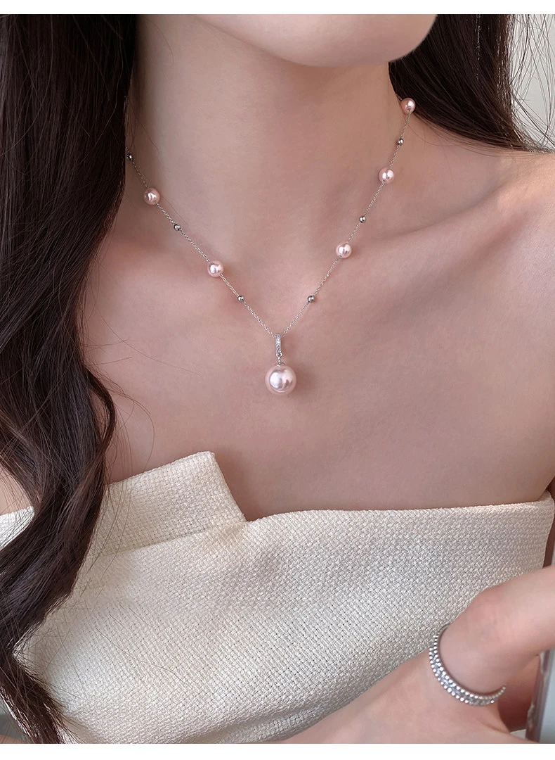 Zierliche Manta Rose Lila Imitationsperlen-Halskette für Damen, Perlenkette mit einzelnem runden Perlenanhänger, elegantes tägliches Schmuckgeschenk – Detail 9