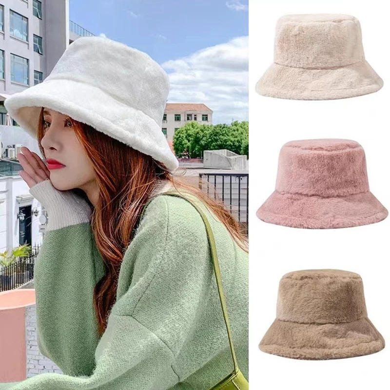 Soft Winter Plush Warm Bucket Hat For Women Girl Solid Color Fordable Wide Brim Panama Cap Outdoor Windproof Tour Basin Hats