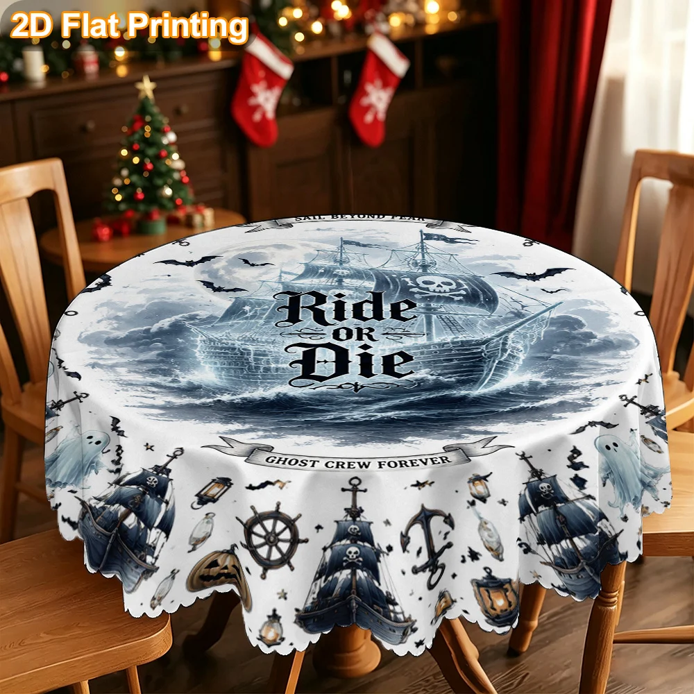 Tablecloth Christmas gift 2D flat model. 1 piece round pirate ship scene tablecloth, suitable for Halloween decoration,