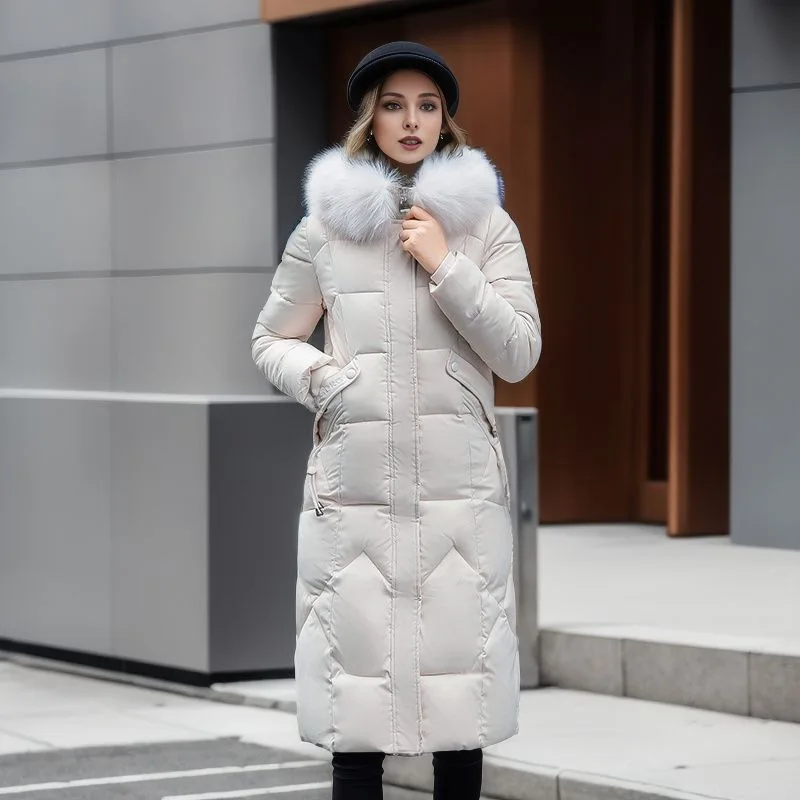 Winter Jacket Women Thicken Parkas Down Cotton Coat Fur Collar Hooded Zipper Pockets Snow Wear Coat Female Warm Long Overcoat