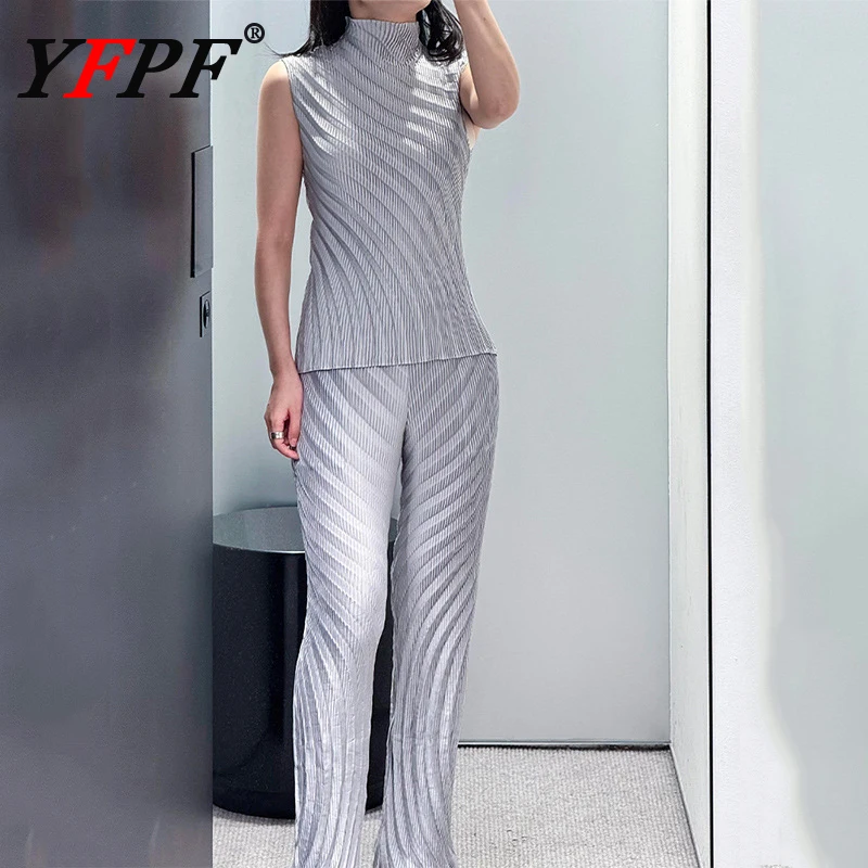 

YFPF Miyake Pleated Solid Color Two Piece Set Women Sleeveless Turtleneck Tops + Long Pants Casual 2025 Summer New Clothing