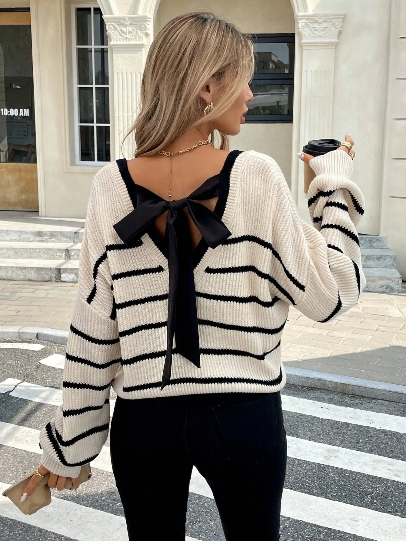 

Women's Striped Long Sleeve Sweater with Back Bow Detail, Casual Drop Shoulder Pullover for Autumn Winter