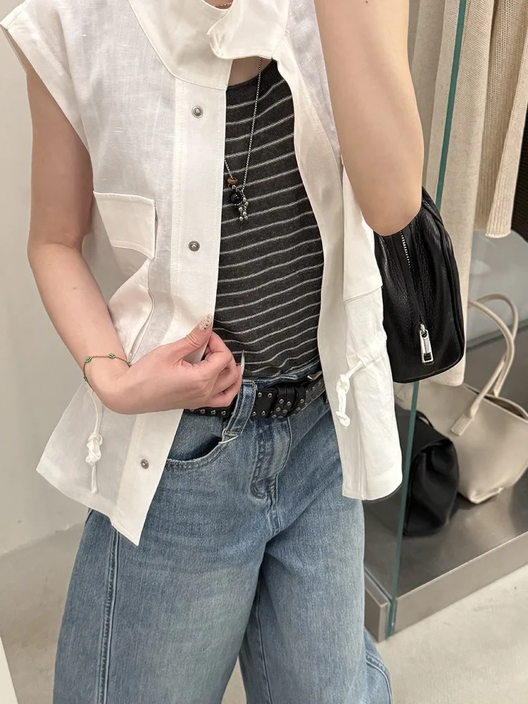 

Linen Sleeveless Stand Collar Vest Women's Breathable Waist-Cinching Design Workwear Style Outerwear Fashion Summer Short