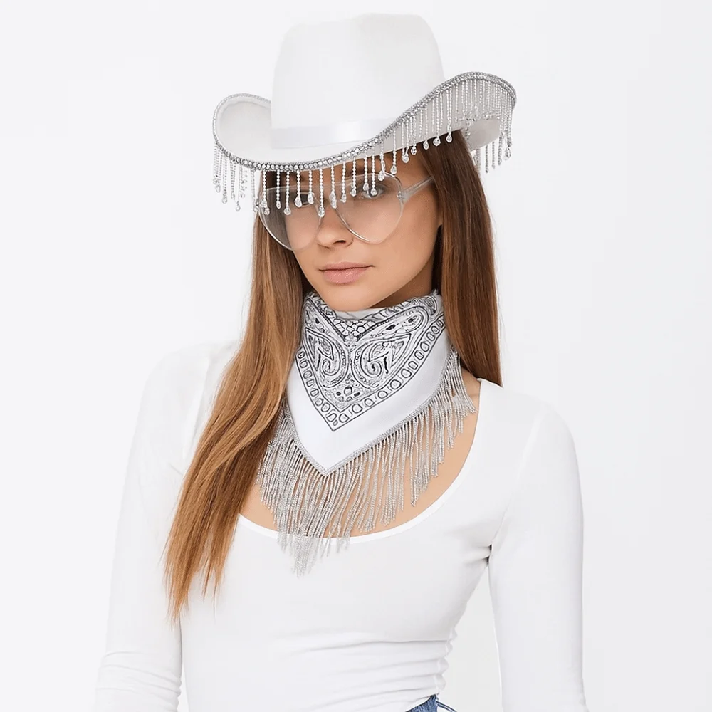 

3pcs/Set Bandana Stage Performance Hat Heart Sunglasses Wide Brim Western Cowboy Hat Solid Color 3pcs/Set Bling Cowboy Hat