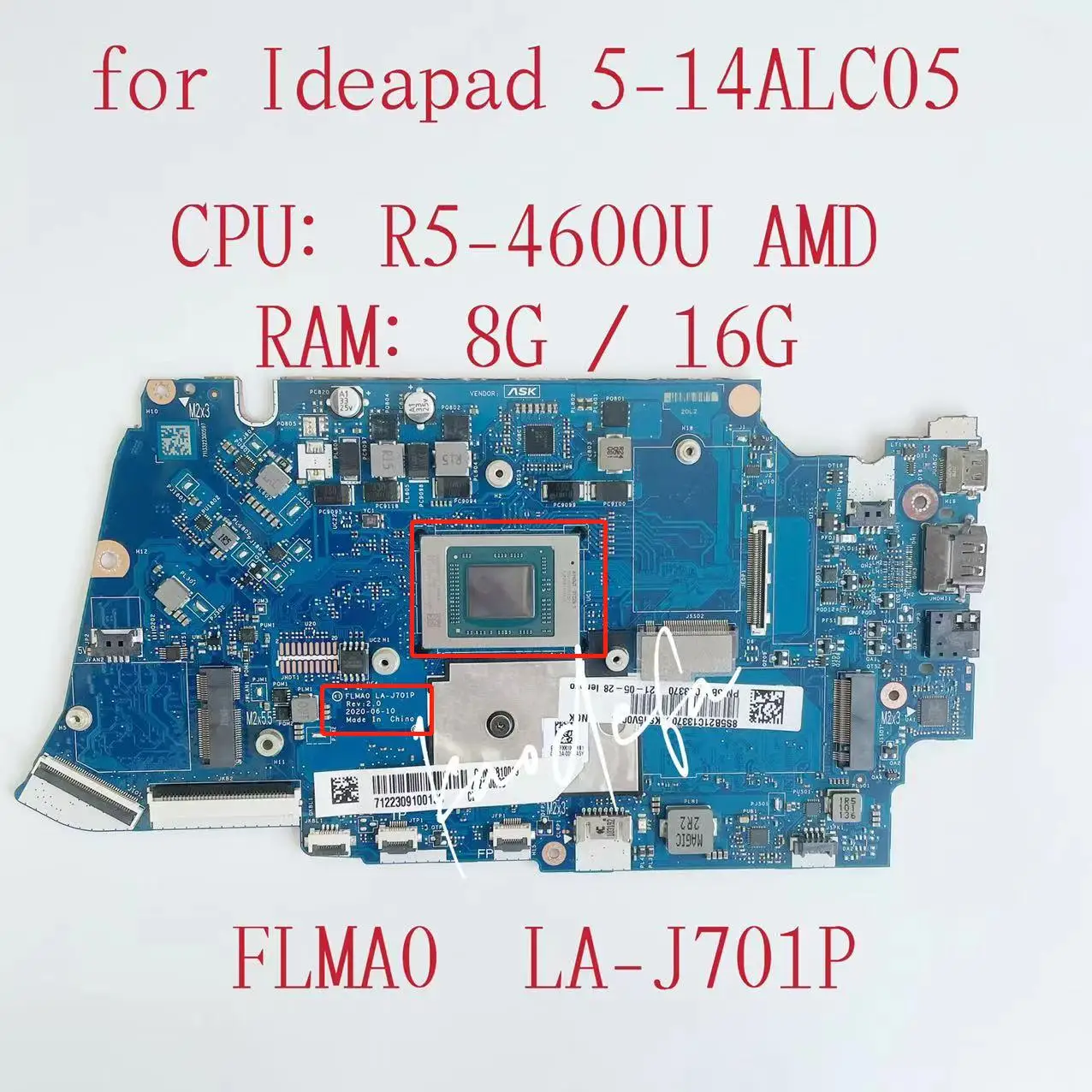 FLMA0 LA-J701P for Lenovo Ideapad 5-14ALC05 Laptop Motherboard CPU:R5 RAM:8G 16G FRU:5B21C13751 5B21C13370 5B21C13442 5B21C13632