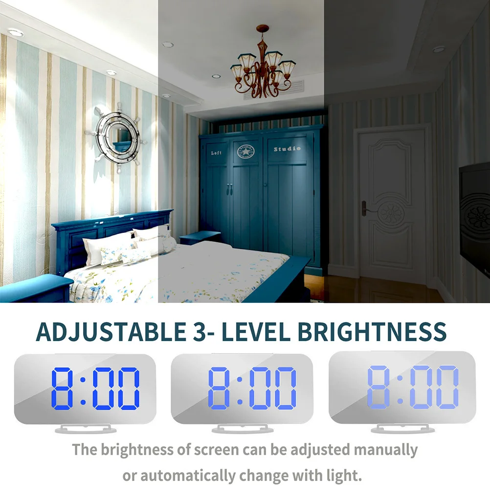 

Digital Alarm Clock Mirror Surface Large LED Display Blue Dual USB Ports Snooze Function Bedroom Office