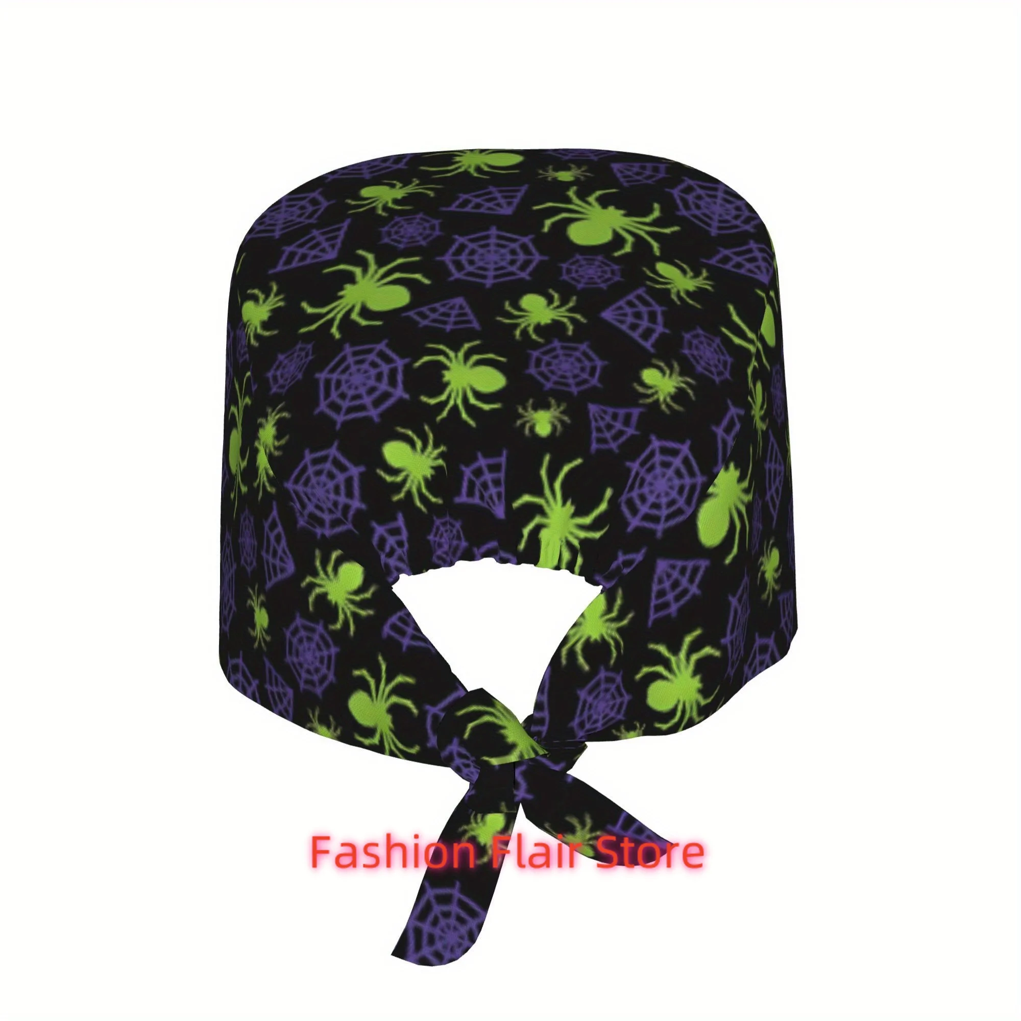 Halloween Spider And Spider Web Pattern Green And Purple Unisex Work Cap Adjustable Lightweight with Lace Up Desig Dust Proof Su