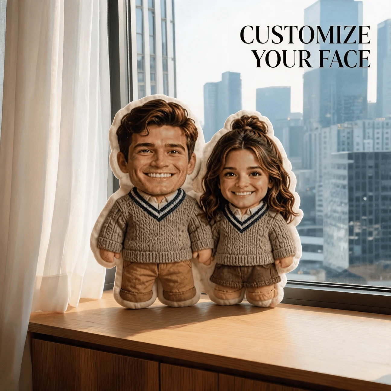 Custom Couple Photo Shaped Pillow, Personalized Face Decorative Cushion with Matching Sweater Look, Unique Home Decor Gift for P
