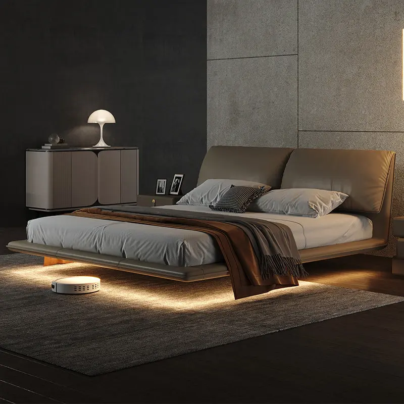 #Floating Bed Italian Minimalist Elephant Ear Design Master Bedroom Large Genuine Leather Frame Light Luxury High-End Elegant