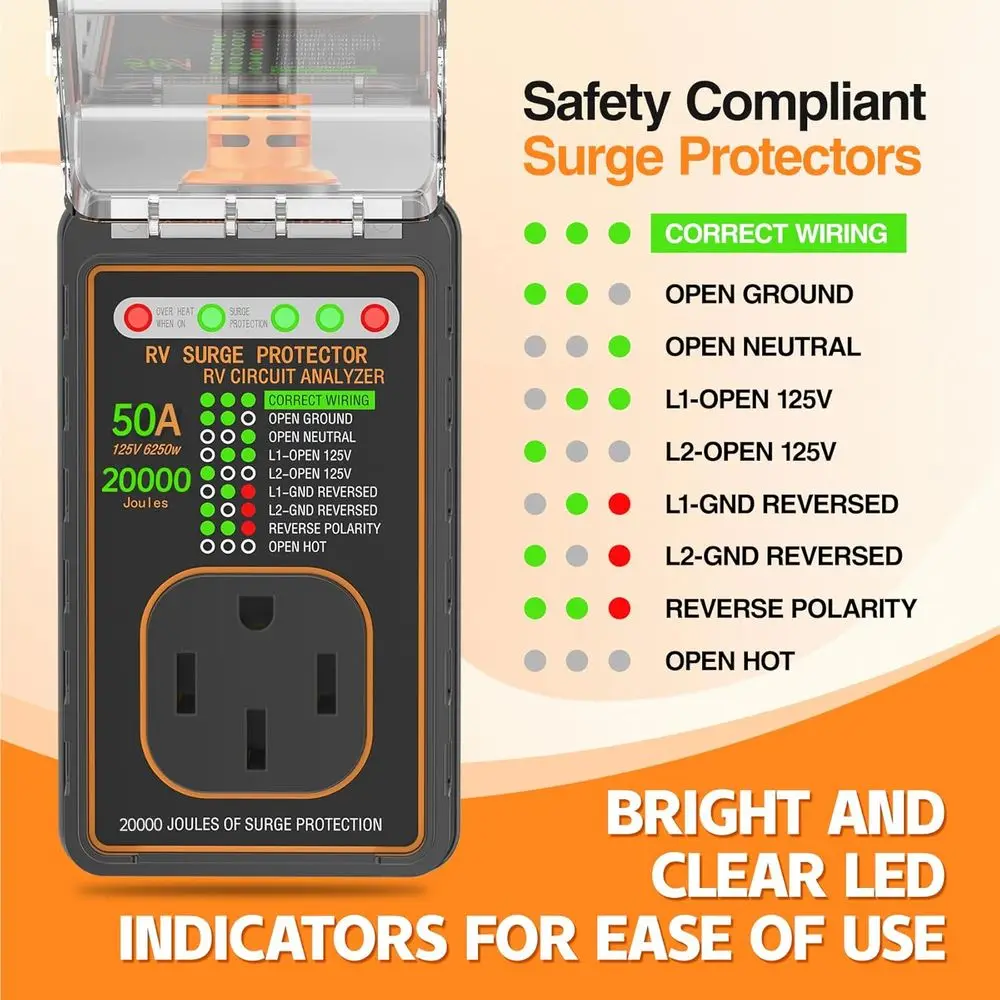 واقيات زيادة التيار RV 50 أمبير، محلل دائرة RV 20000 Joules، حماية جهد التيار IP68، قابس محول RV للتخييم، RV Essen #2