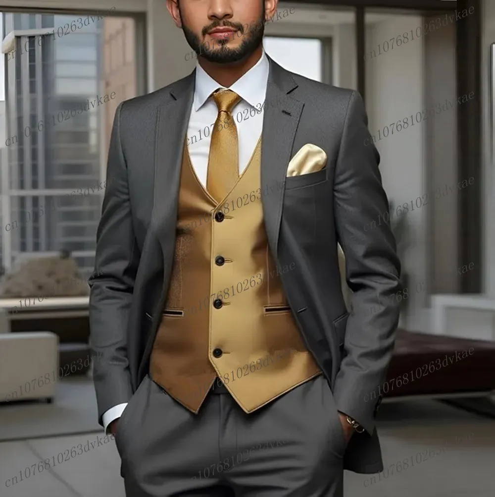 

New Grey And Gold Men Suit Wedding Party Formal Groom Groomsman Prom Business Male Tuxedos 3 Piece Set Jacket Vest Pants