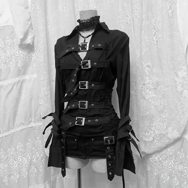 CHIOS Dark Y2K subculture black shirt women's gothic high street metal buckle belt long sleeved slim fit top spicy girl KoCHIOS
