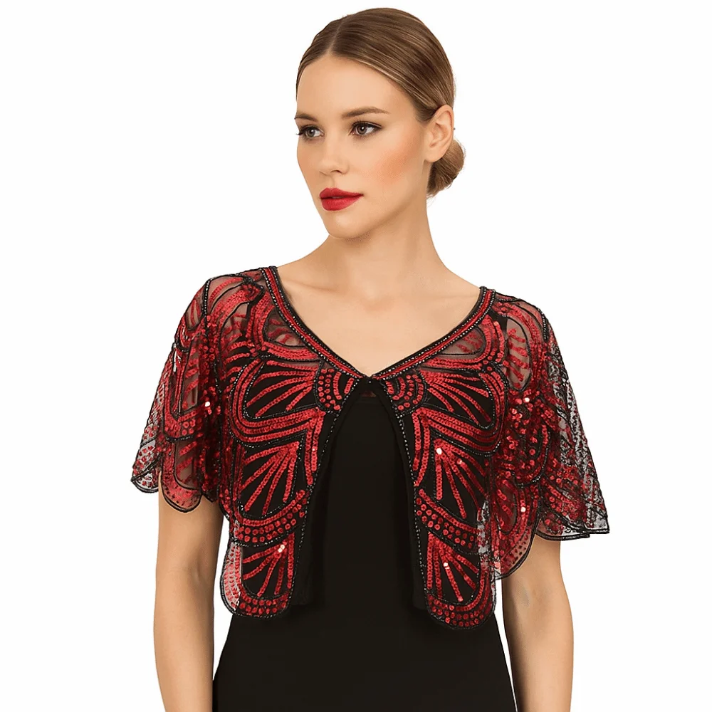 

Винтажное пончо с рюшами и пайетками, блестящая сетчатая накидка с пайетками в стиле 1920-х, короткая накидка-флаппер для девочек